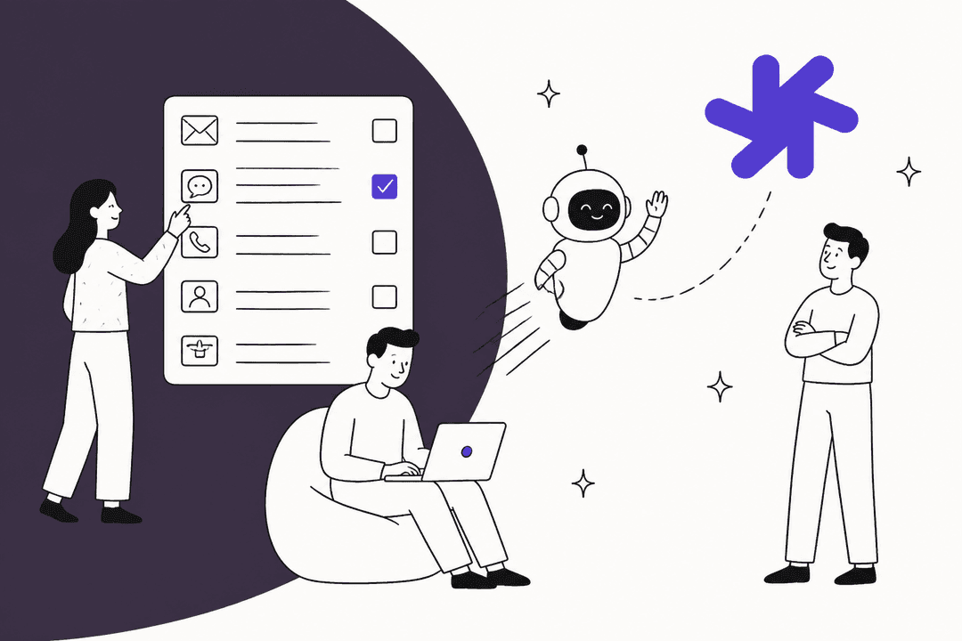 Illustration of a support lead choosing ticket channels for an AI agent, in Macha purple