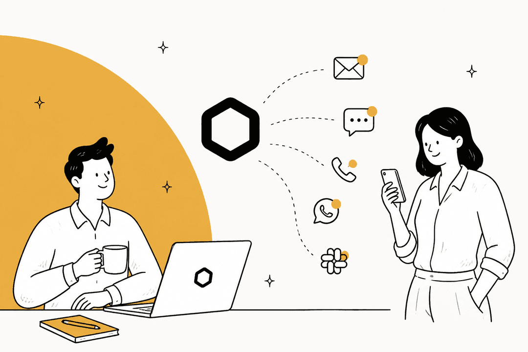 Hand-drawn banner of a person with a coffee at a laptop and a client holding a phone, with the Martin logo linked to email, text, phone, WhatsApp and Slack icons on an amber shape