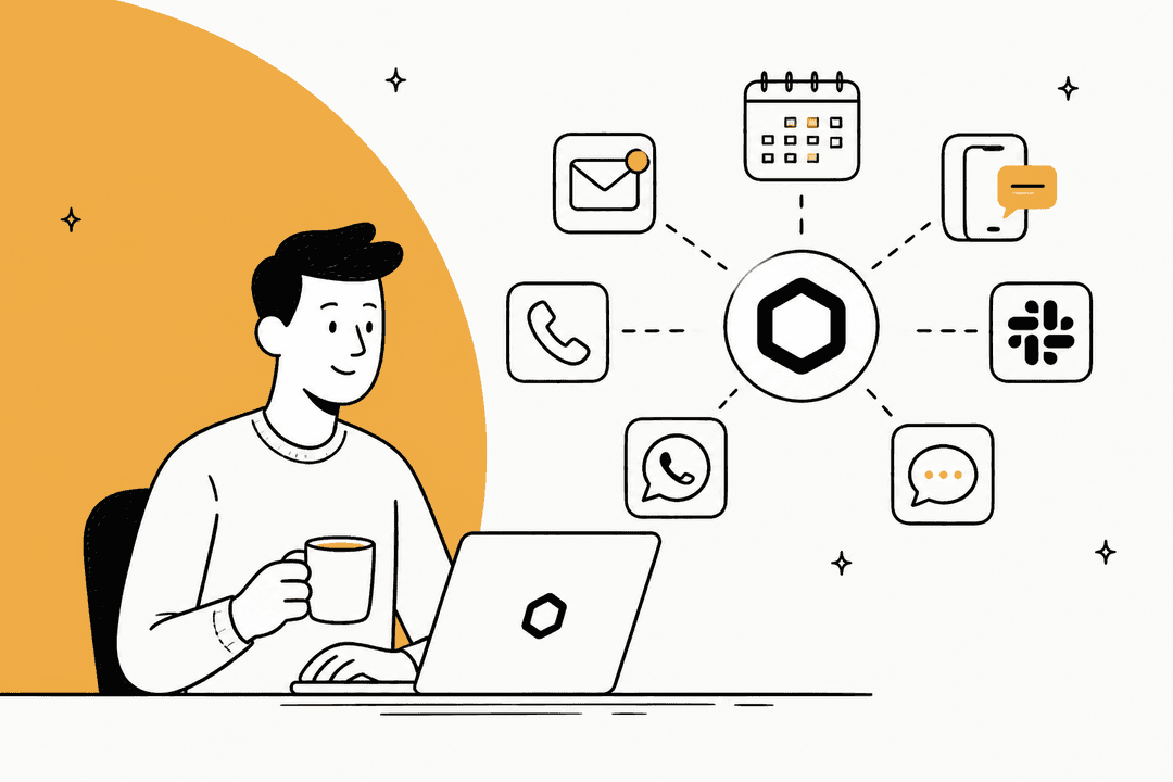 Hand-drawn banner of a person with a coffee at a laptop, with a hub linking email, calendar, phone, Slack, WhatsApp and chat icons on an amber shape
