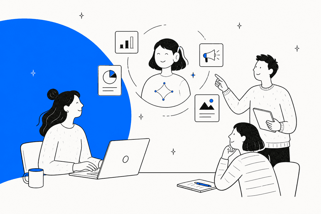 Hand-drawn illustration of a marketing team around a table with an AI agent in the middle, surrounded by a chart, a pie report, a megaphone and an image card