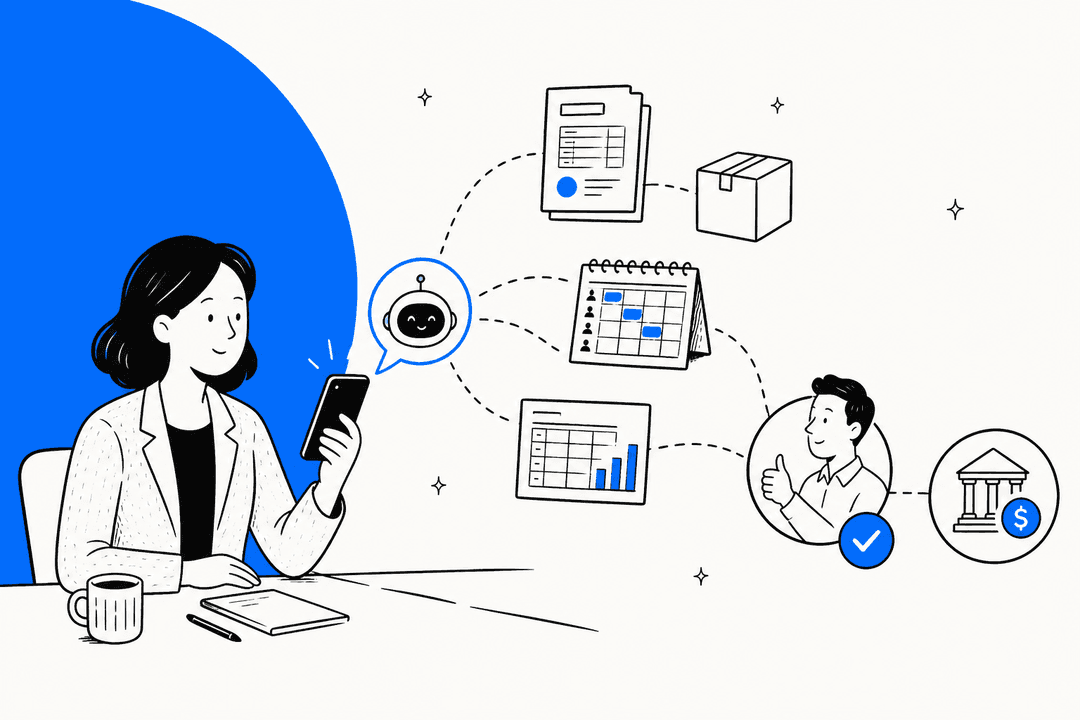 Hand-drawn illustration of an operations manager holding a phone with an AI agent, dashed lines to an invoice, a supply box, a staff schedule and a spreadsheet, passing a person who approves before reaching the bank