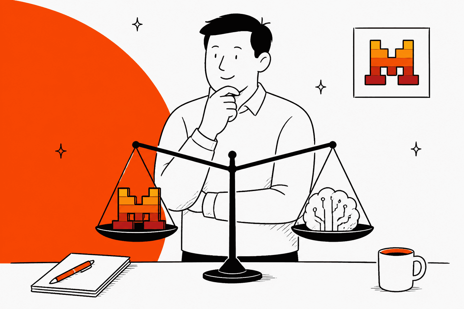 Hand-drawn illustration of a reviewer weighing a new AI model on a scale, with the Mistral logo