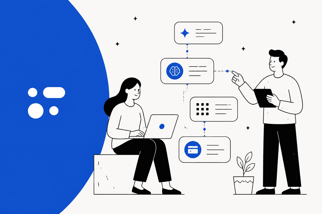 Two illustrated people mapping an AI agent workflow beside a blue color block, for Moveo AI alternatives in 2026
