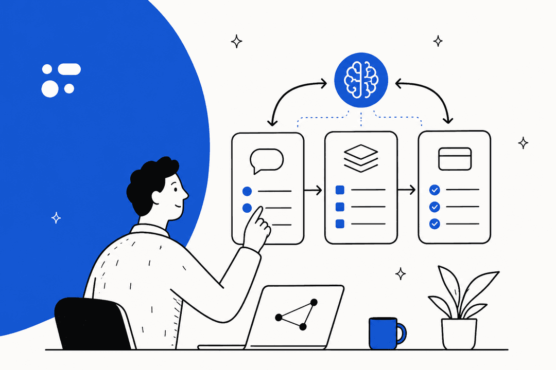 Illustration of a person mapping an AI agent workflow beside a blue color block, for a guide to Moveo AI pricing in 2026