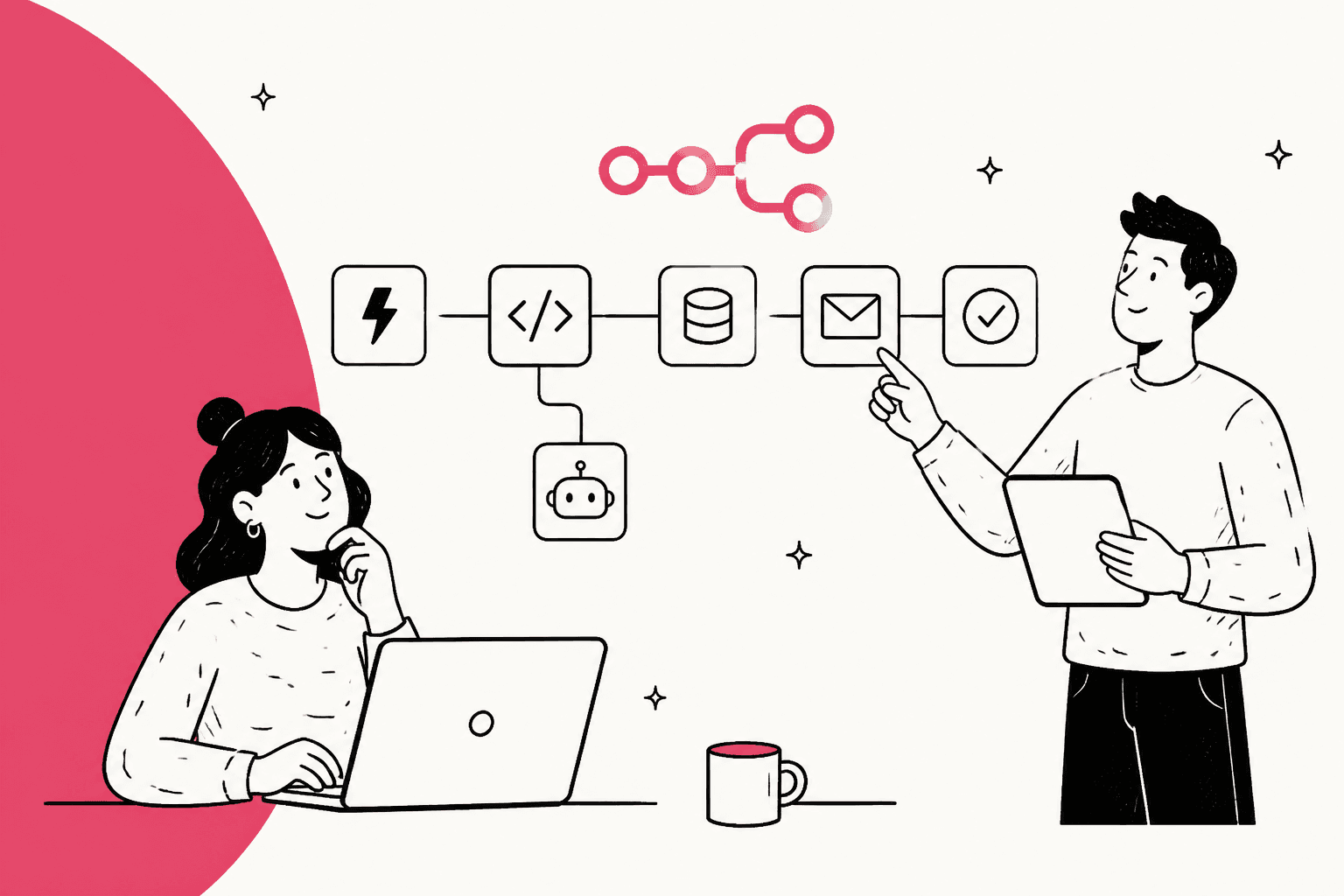 Hand-drawn illustration of two people building an n8n workflow of connected nodes, with the n8n logo