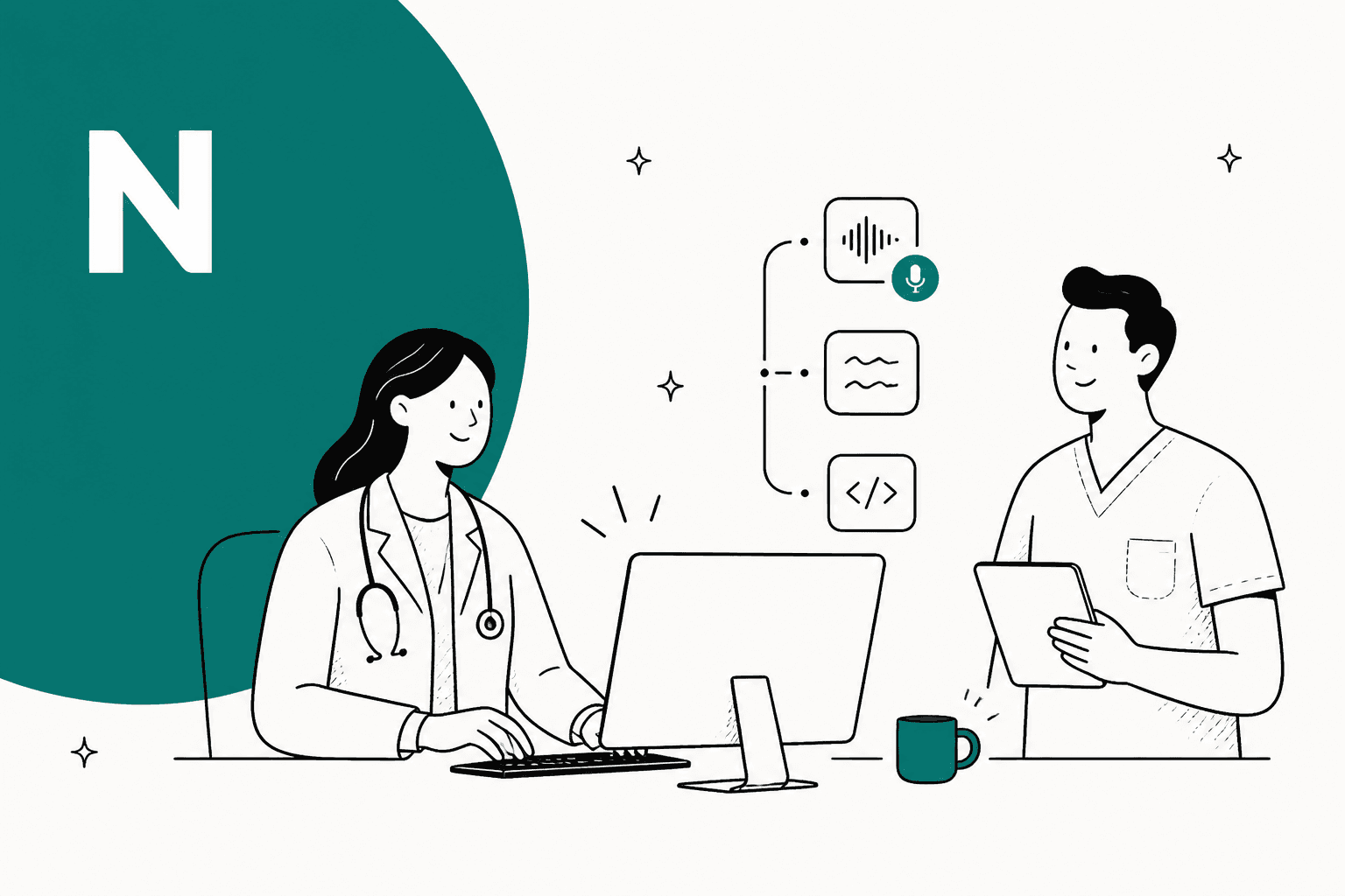 Hand-drawn doctor at a desk with a Nabla logo on a teal half circle
