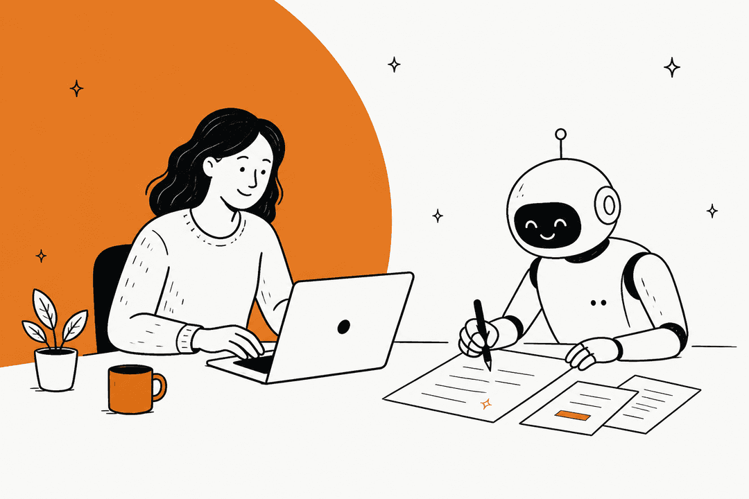 Illustration of a person at a laptop beside a friendly robot drafting copy on paper