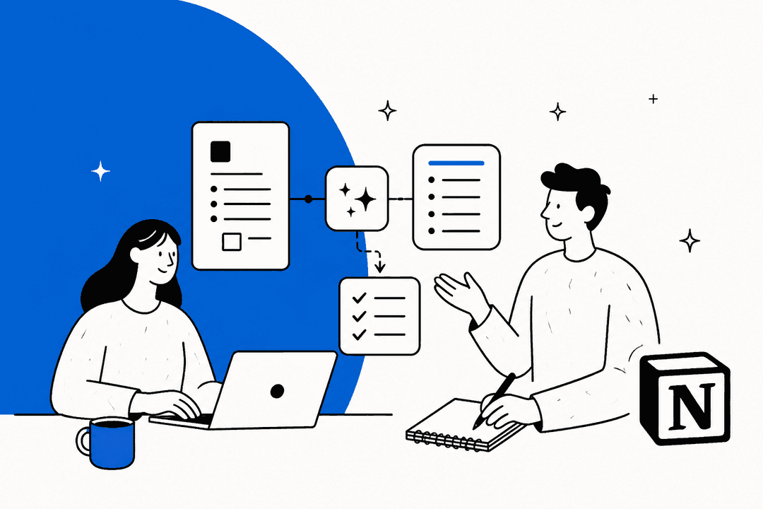 Hand-drawn people with a laptop and notebook beside a blue half circle, with a long document turning into a short summary and a Notion logo
