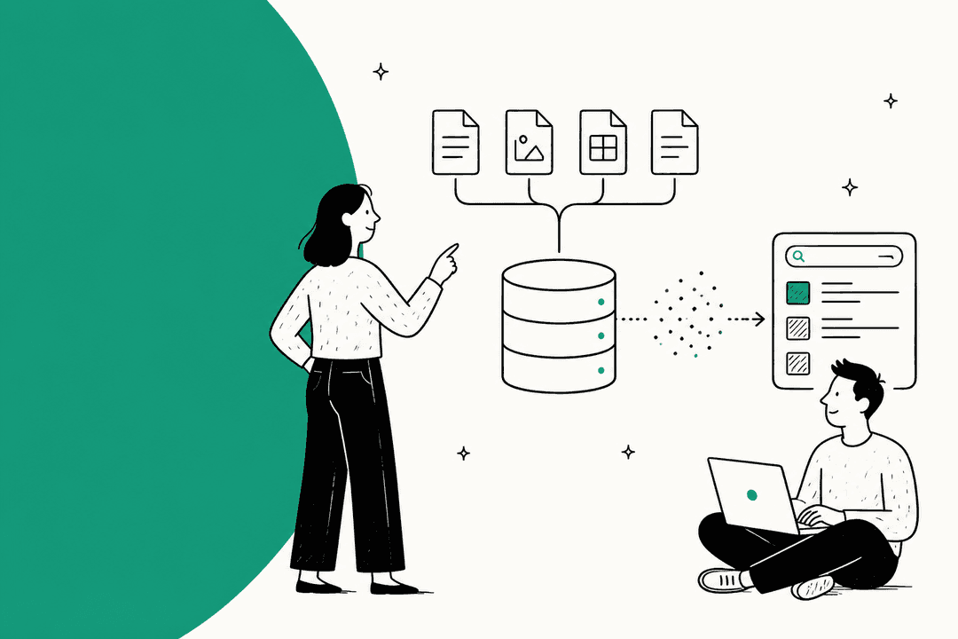 Hand-drawn illustration of documents flowing into a vector store and a search panel returning results, for a 2026 guide to OpenAI Vector Stores