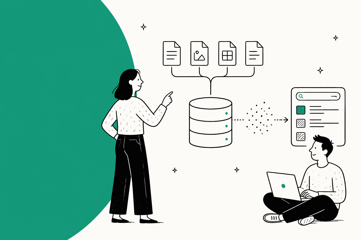 Hand-drawn illustration of documents flowing into a vector store and a search panel returning results, for a 2026 guide to OpenAI Vector Stores