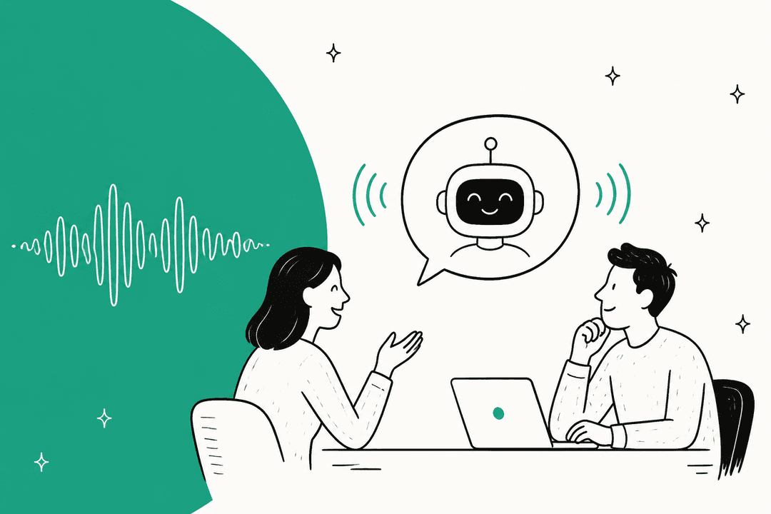 Hand-drawn illustration of two people talking with an AI voice assistant, for a guide to OpenAI WebRTC voice AI