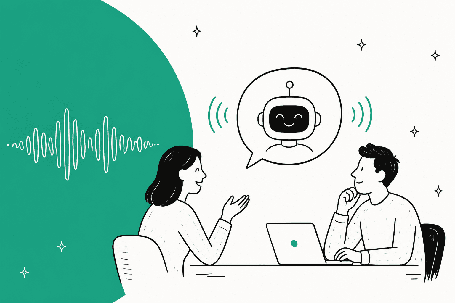 Hand-drawn illustration of two people talking with an AI voice assistant, for a guide to OpenAI WebRTC voice AI