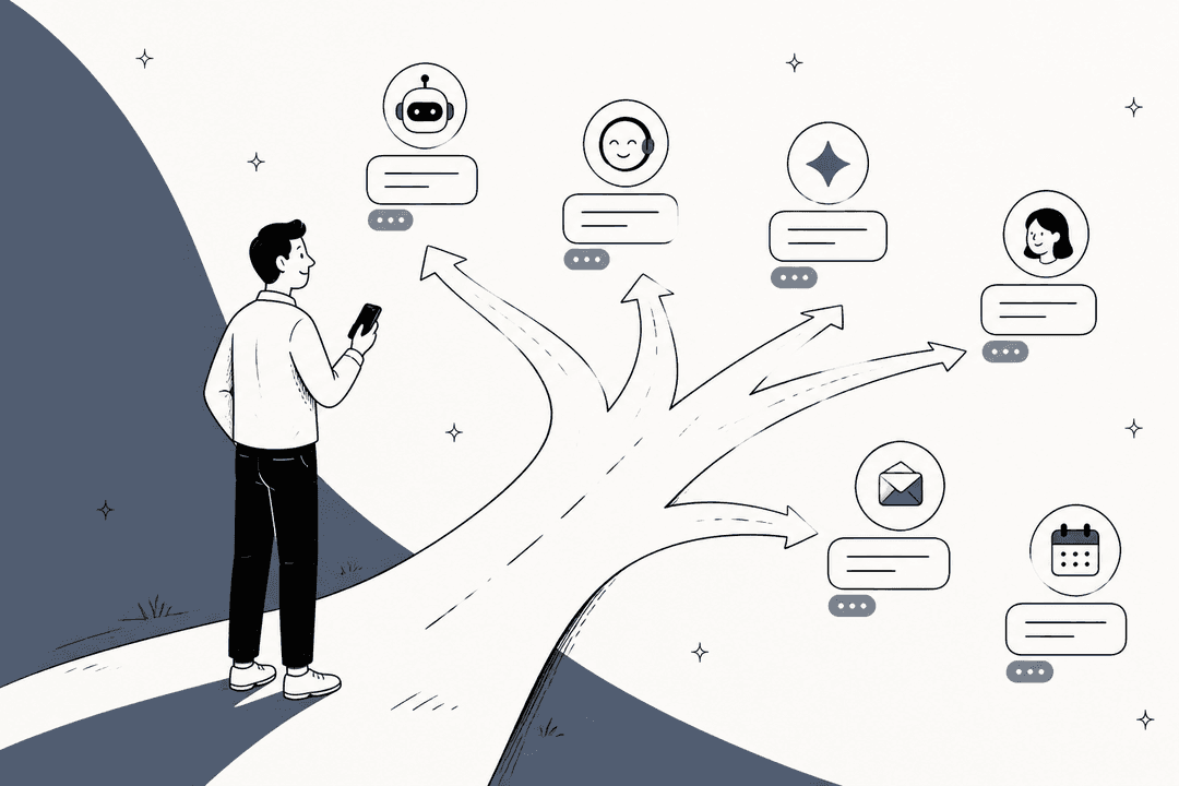 Hand-drawn hero banner of a person holding a phone at a fork in the road, with arrows branching toward several different assistant chat bubbles, an email icon and a calendar icon