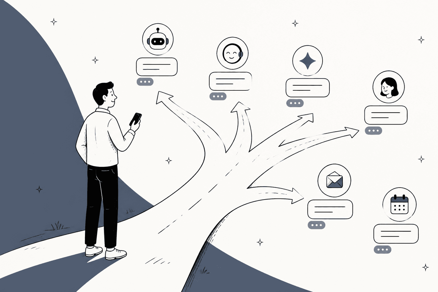Hand-drawn hero banner of a person holding a phone at a fork in the road, with arrows branching toward several different assistant chat bubbles, an email icon and a calendar icon