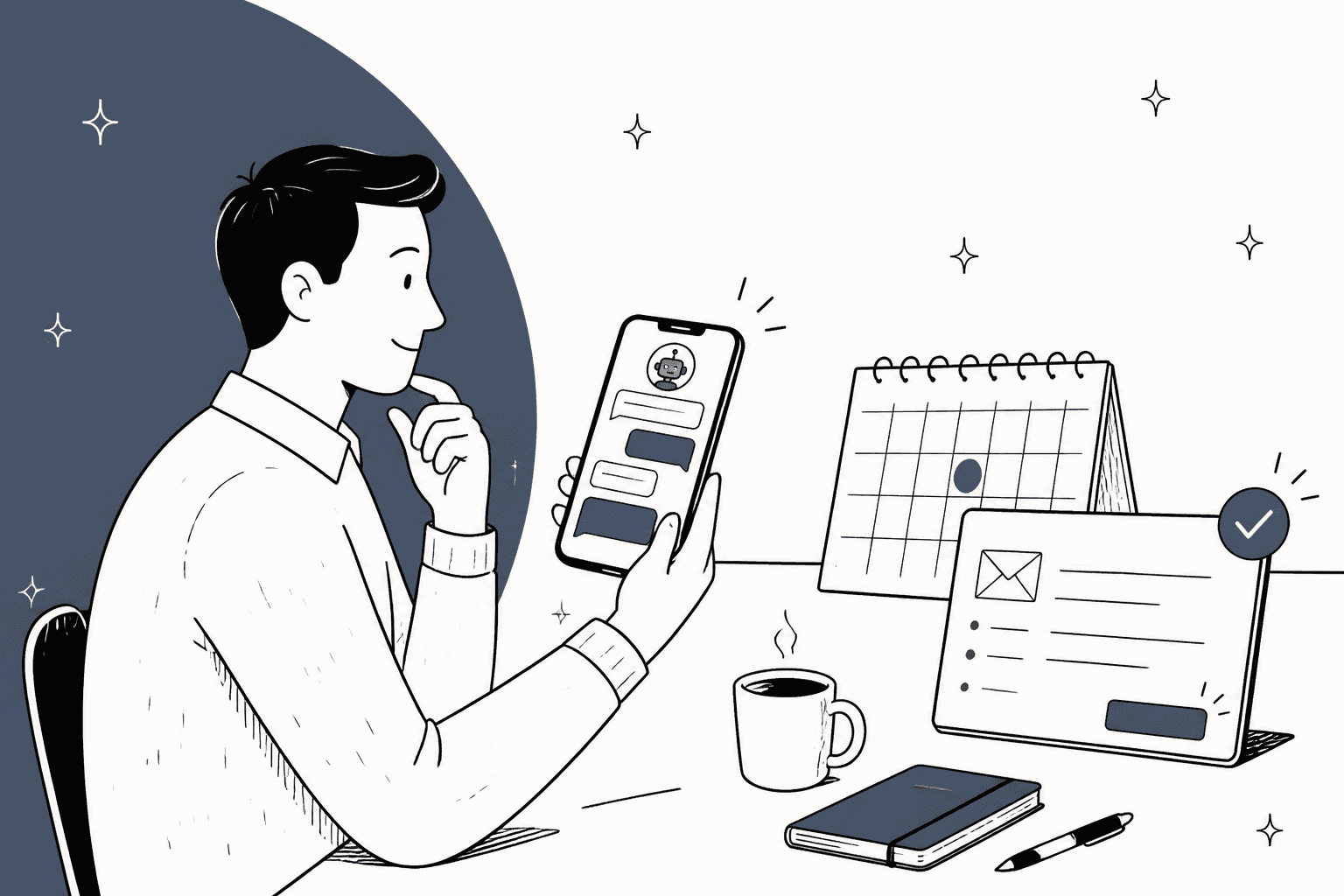 Hand-drawn hero in slate blue: a person at a desk reading a text thread on their phone next to a calendar and a drafted email marked ready to send