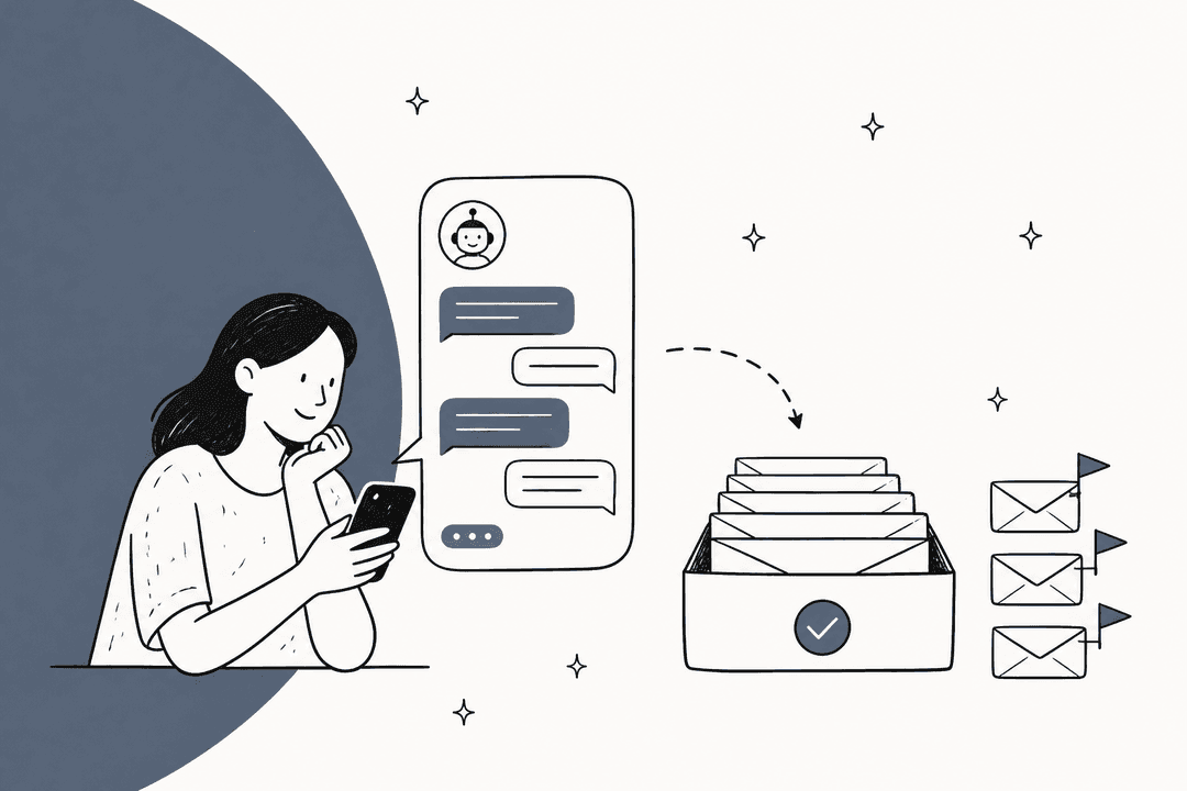 Hand-drawn hero in slate blue: a person reading a text thread from an assistant on their phone while a tray of emails gets filed and three flagged emails wait to the side
