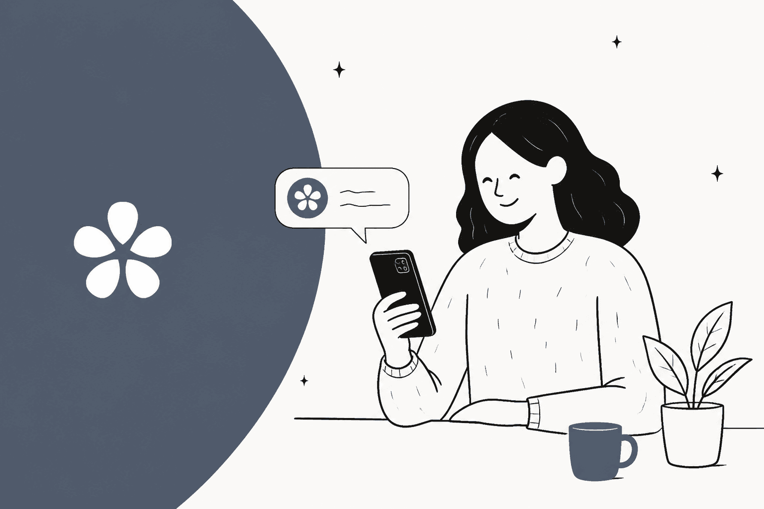 Hand-drawn hero banner for an Orchid AI review, showing a person smiling at their phone while a message bubble with the Orchid flower logo pops up beside them