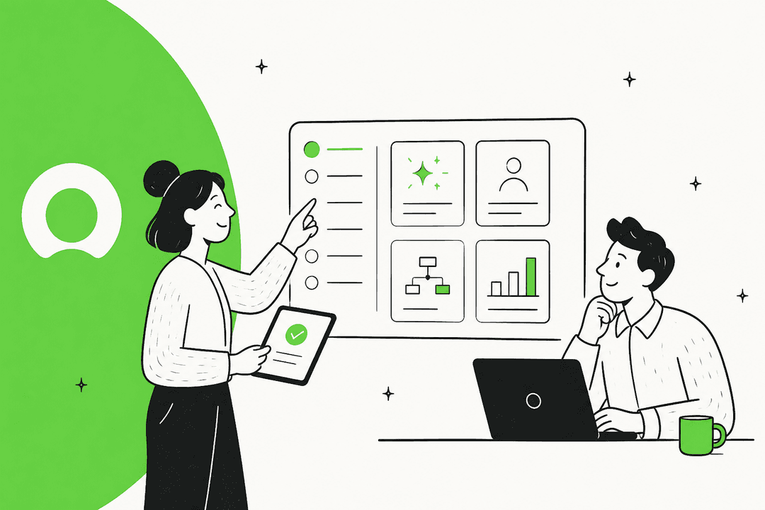 Illustration of two colleagues reviewing a ServiceNow AI dashboard with a laptop and tablet