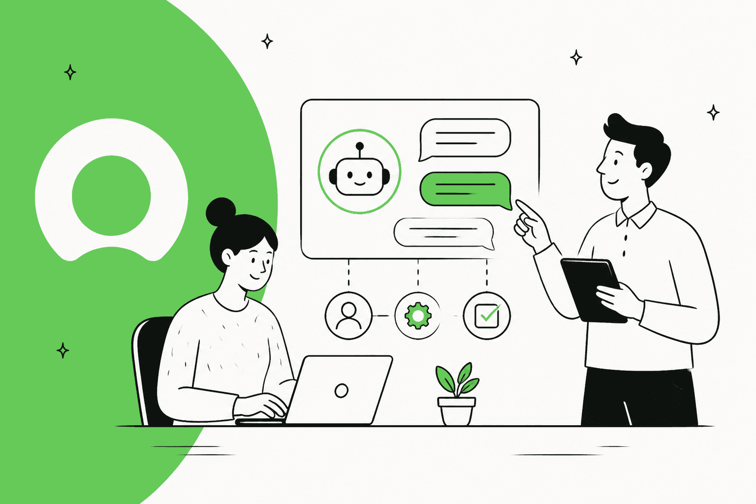 Illustration of two colleagues building a chatbot conversation flow on a ServiceNow-style screen