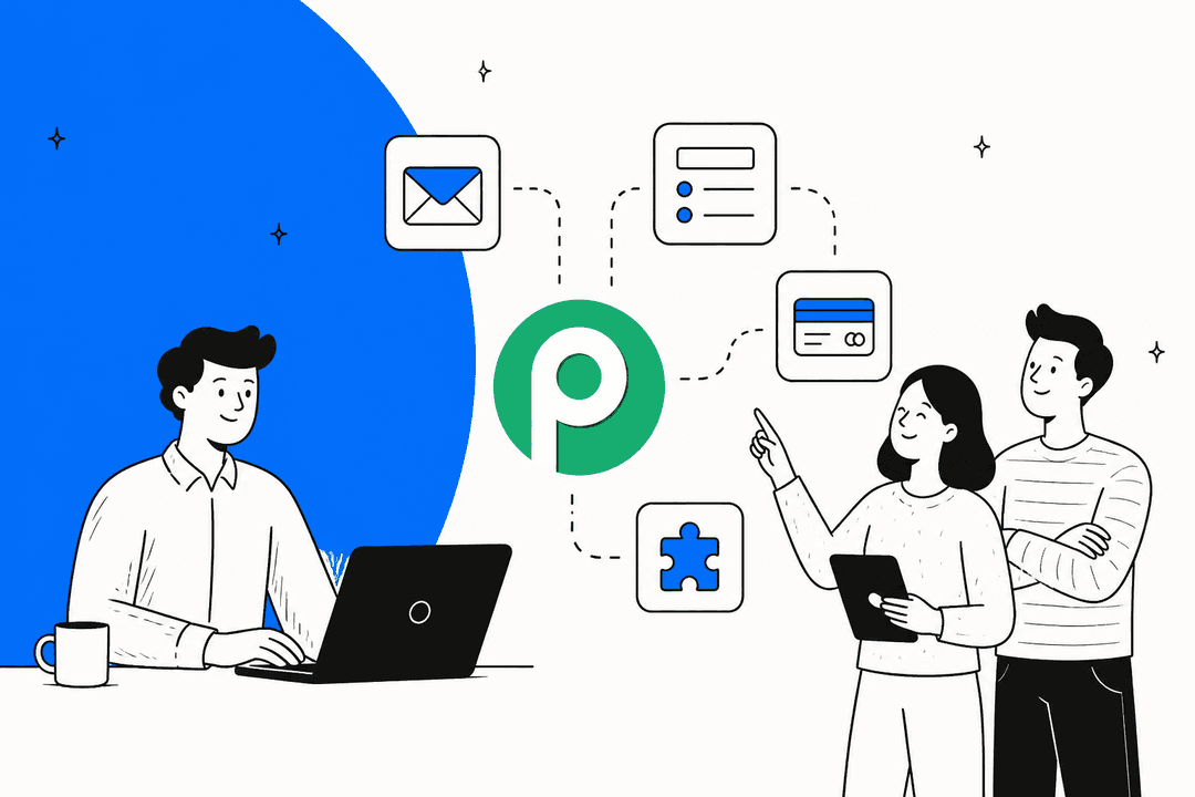 Hand-drawn illustration of two people and a laptop around the Pabbly logo and connected app icons
