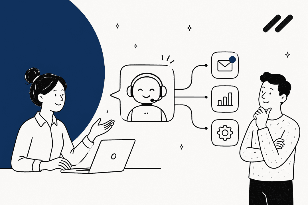 Illustrated support agent and teammate reviewing an AI support agent connected to email, analytics, and settings