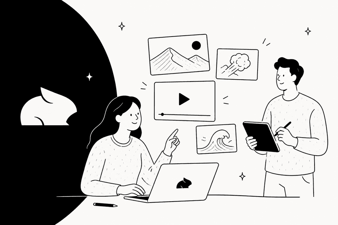 Hand-drawn illustration of two creators with a laptop and video thumbnails beside the Pika logo