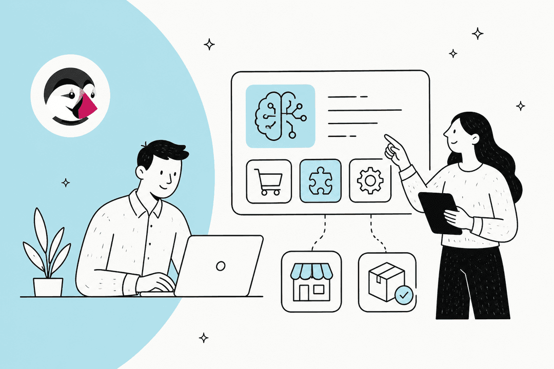 Hand-drawn illustration of two people planning AI tools for a PrestaShop store