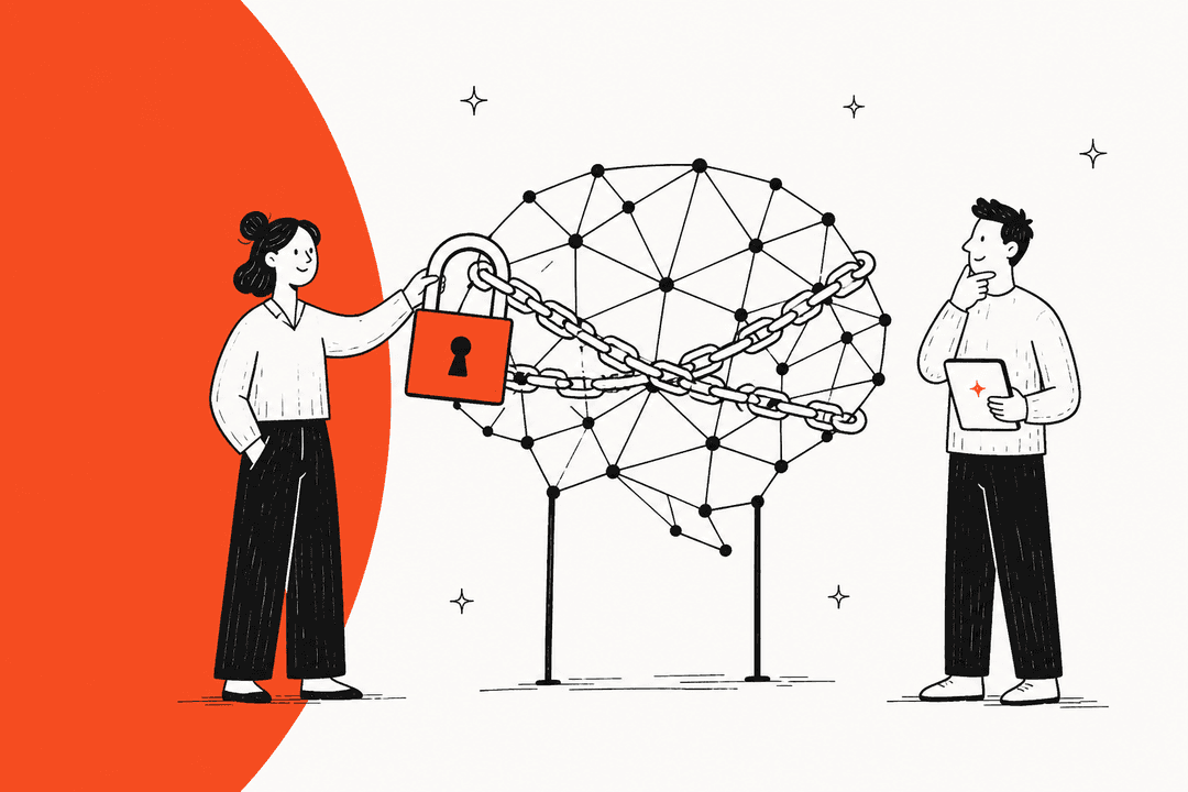 Hand-drawn illustration of two people locking a chained AI model with a padlock