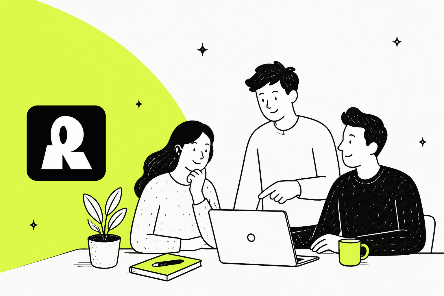 Three people around a laptop reviewing the 6 best Recraft AI alternatives for designers in 2026