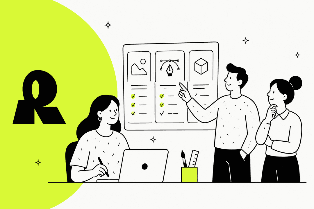 Three people reviewing Recraft AI pricing plans on a board, with a lime green half circle and the Recraft logo