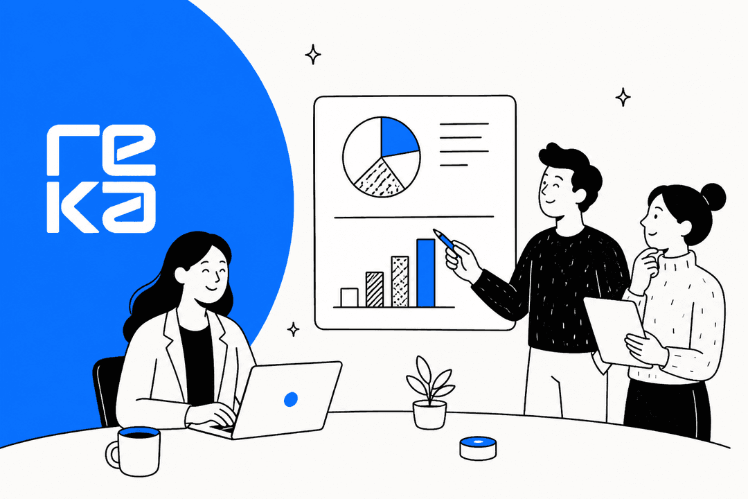 Illustration of three people reviewing pricing charts beside the Reka logo