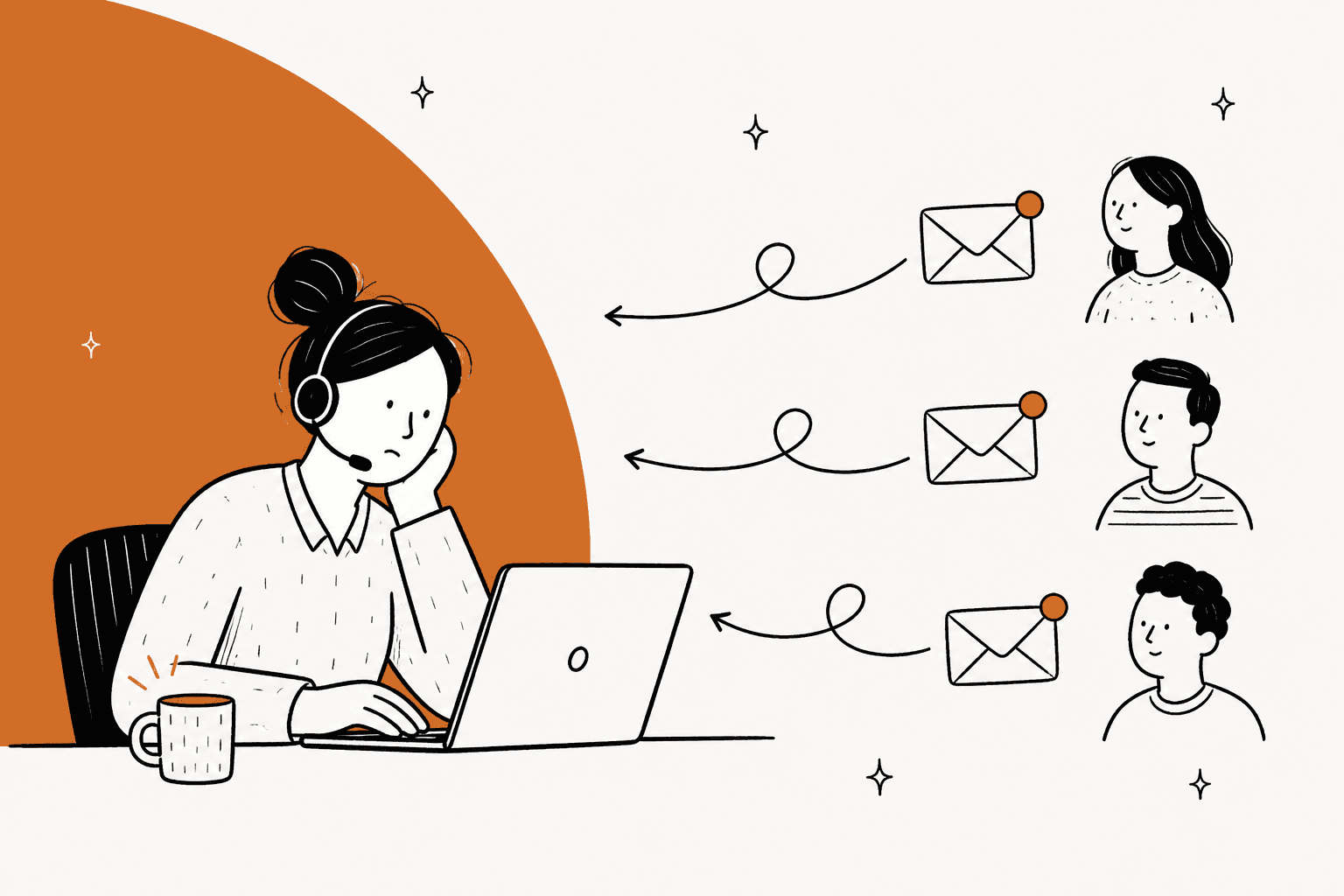 A tired support agent at a laptop while three customers send the same envelope back again, on a warm amber background
