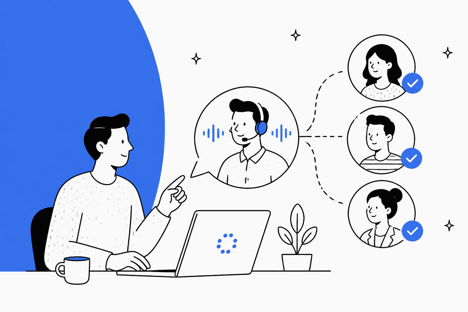 Illustration of a person at a laptop with a voice agent and three approved contacts