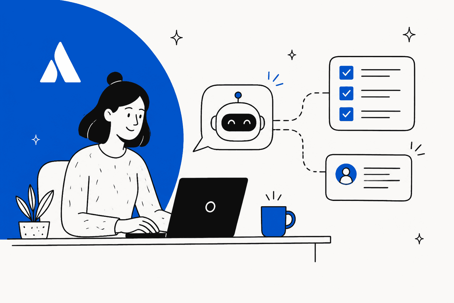 Hand-drawn illustration of a person using an AI chat assistant that creates tasks
