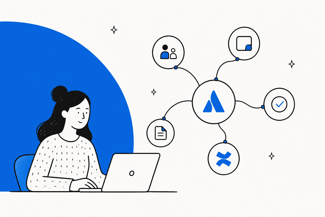 Hand-drawn illustration of a person connecting apps to a central Rovo hub