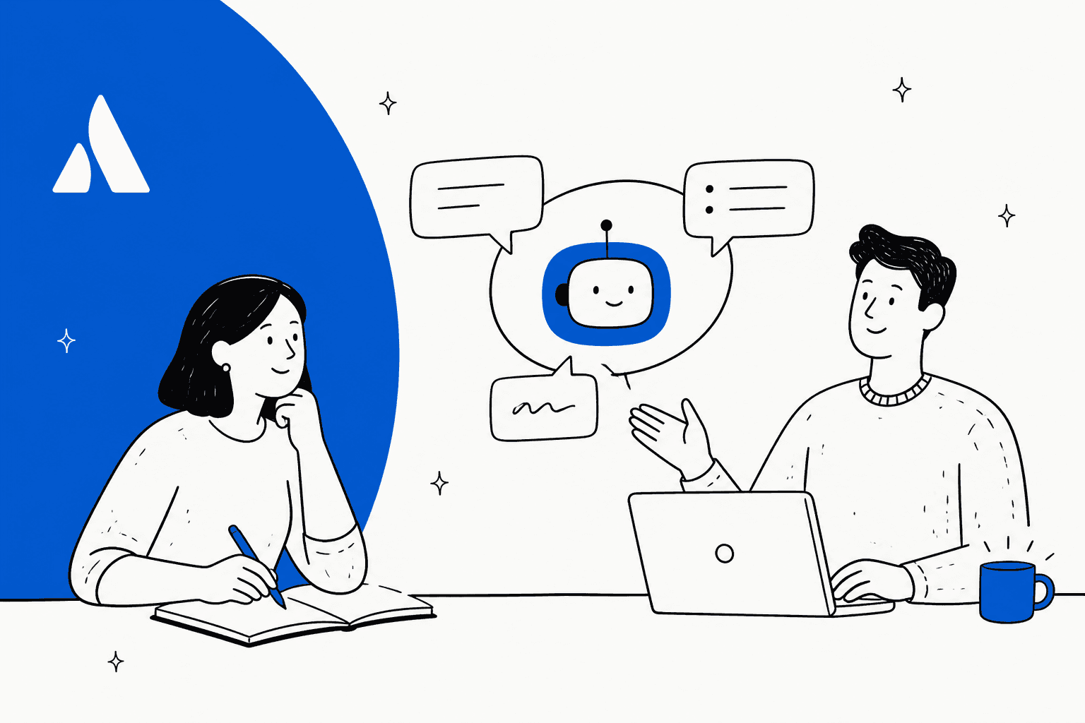 Hand-drawn illustration of two colleagues chatting with an AI assistant beside a laptop