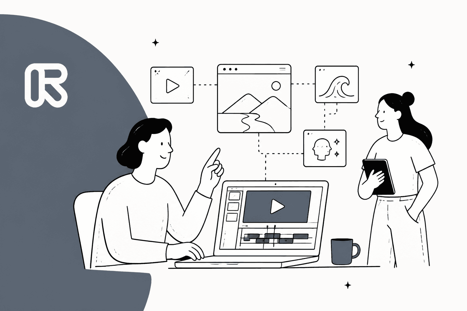 Hand-drawn illustration of two people planning an AI video workflow around a laptop video editor