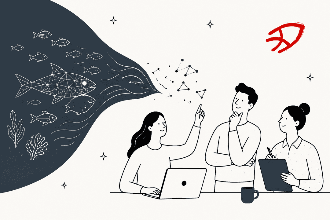Hand-drawn illustration of three people discussing a school of fish turning into network nodes, with the Sakana AI logo