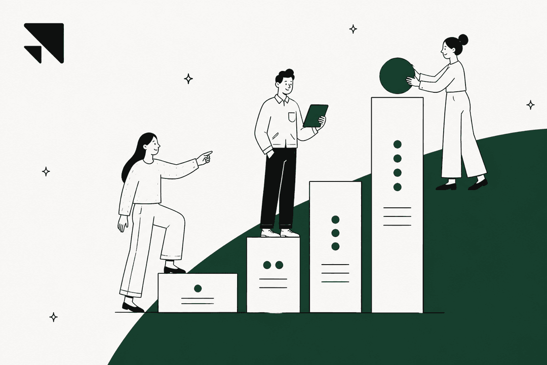 Hand-drawn illustration of three people climbing bar-chart steps beside a green curved shape, for a Scale AI pricing guide