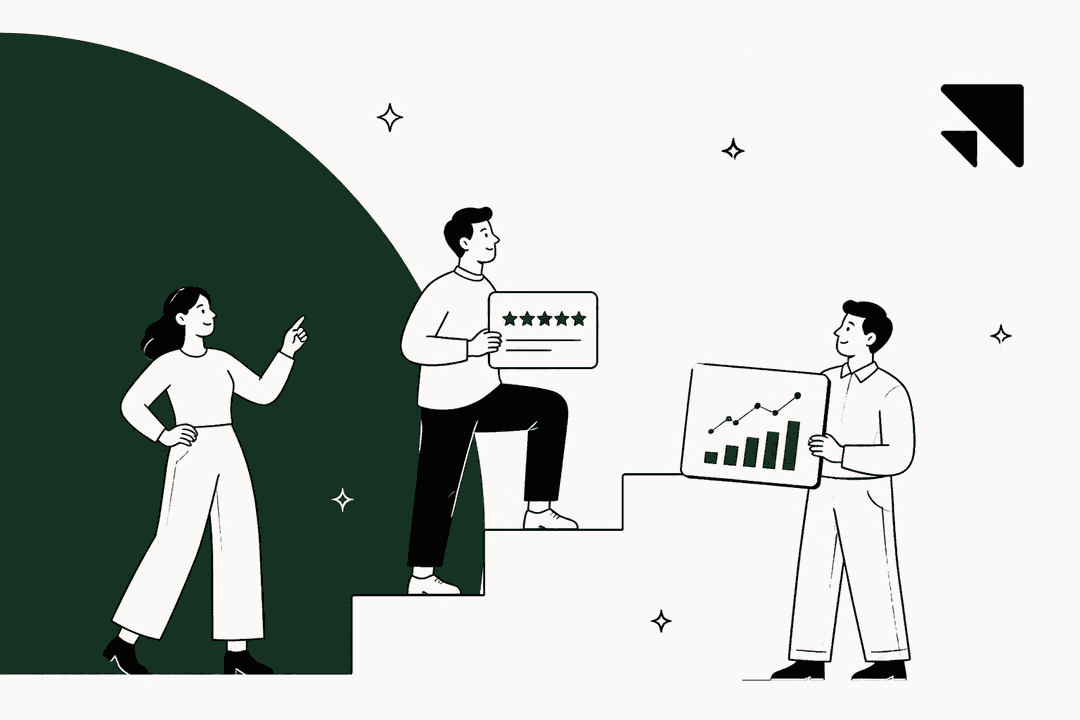 Hand-drawn illustration of people climbing steps with a star rating and a growth chart beside a green curved shape, for Scale AI reviews
