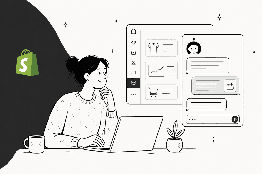 Hand-drawn merchant at a laptop beside a Shopify admin and AI chat panel, next to a dark curved block with the Shopify logo