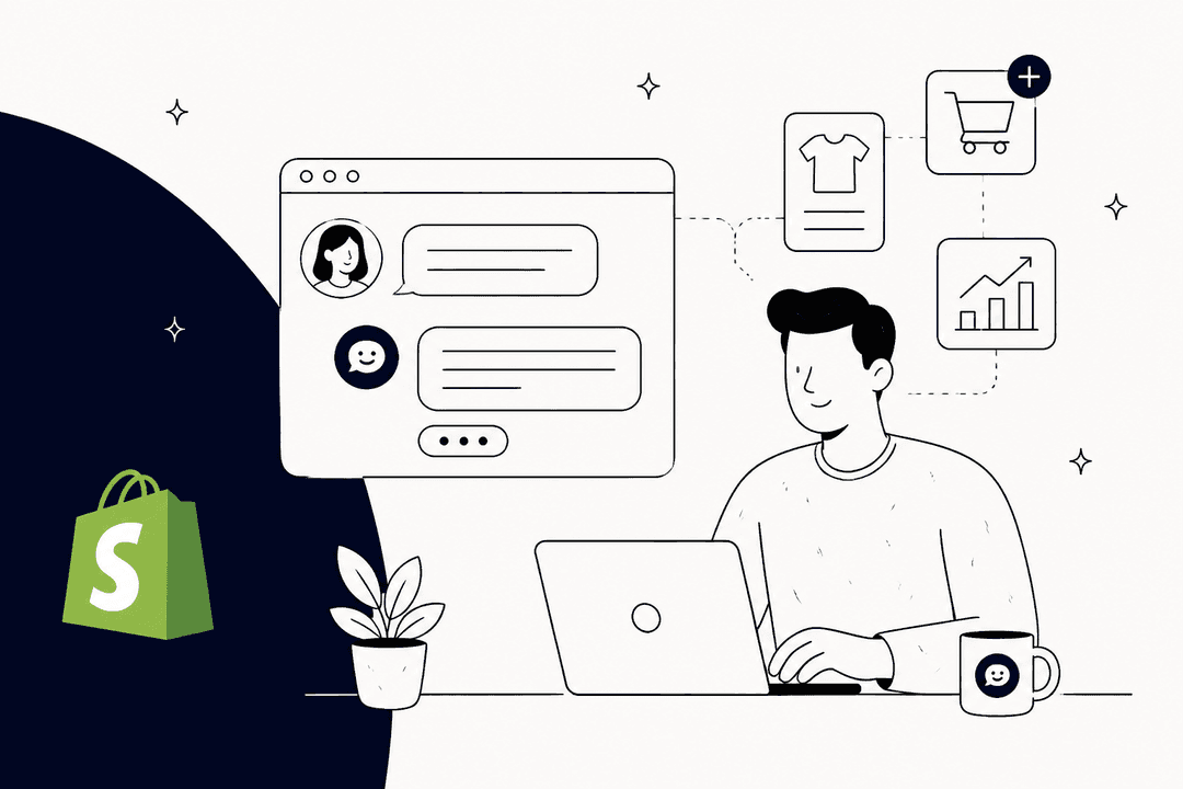 Hand-drawn illustration of a merchant chatting with a shopper through Shopify Inbox live chat