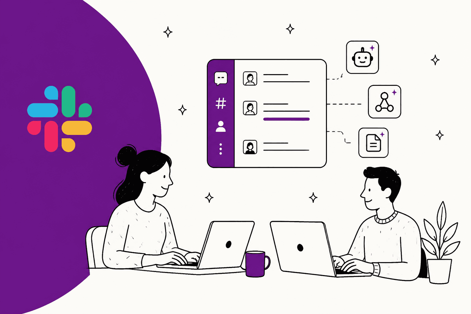 Two coworkers at laptops beside a Slack sidebar with AI tool icons, guide to Slack AI integration tools in 2026