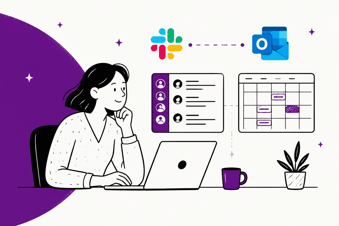 Person at a laptop with a Slack sidebar and an Outlook calendar, guide to Slack AI integration with Microsoft Outlook Calendar in 2026