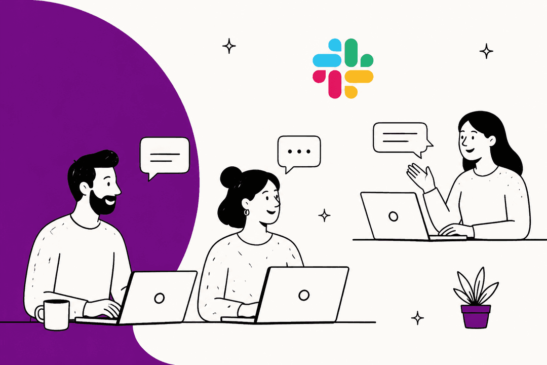 Hand-drawn illustration of three coworkers chatting on laptops beside the Slack logo, with a purple color block behind them