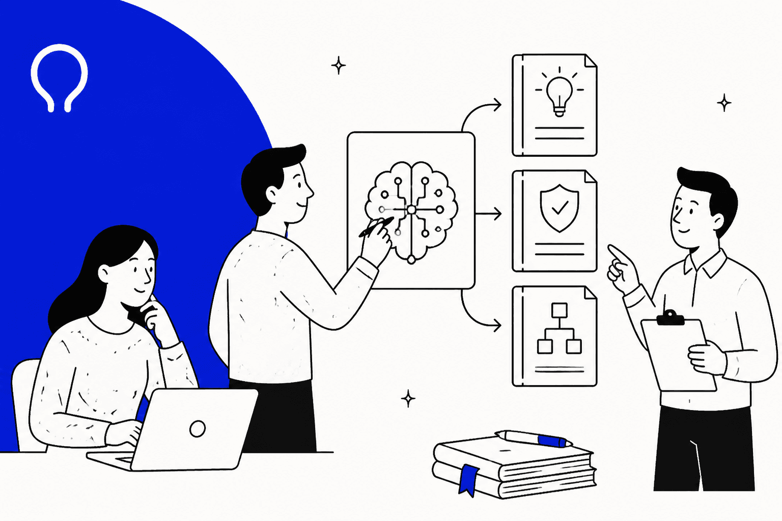 Hand-drawn illustration of patent attorneys reviewing AI-drafted documents beside a laptop