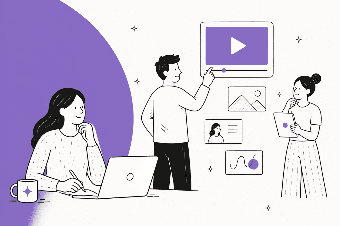 Hand-drawn illustration of three people reviewing AI video clips on a laptop and screens