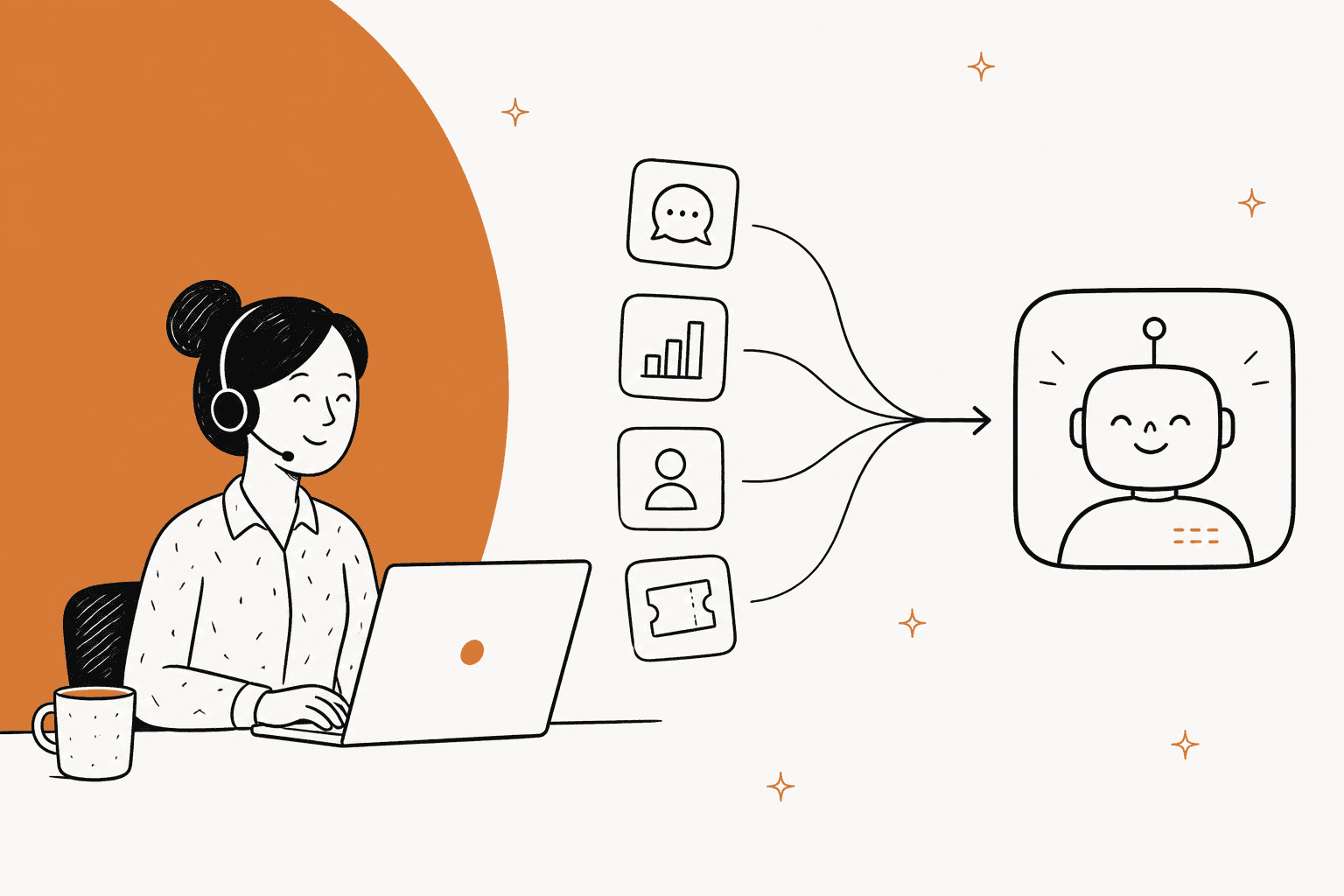 Support agent at a laptop with several small app tiles merging into one unified AI assistant