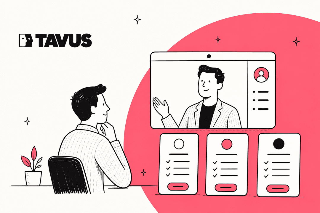 Illustrated person watching a Tavus AI video agent beside three pricing plan cards