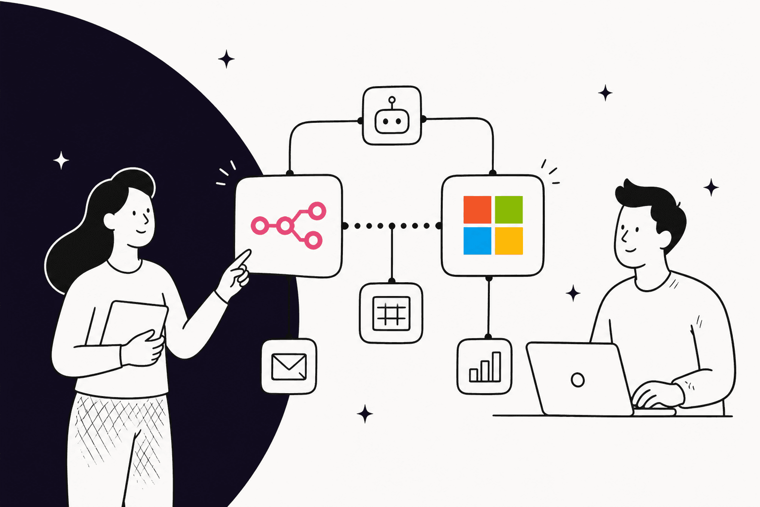 Illustration of two people connecting n8n and Microsoft Teams in an automation workflow